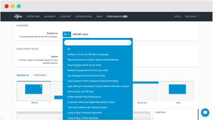 Lytics Personalization's easy to use campaign builder.