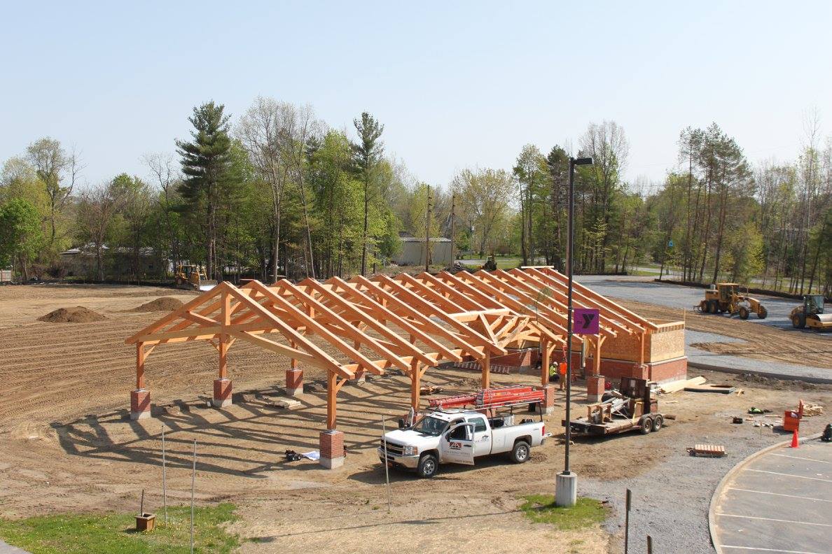 New Energy Works Timberframers constructed the frame for the 4,340-square-foot community pavilion with Douglas fir timbers.