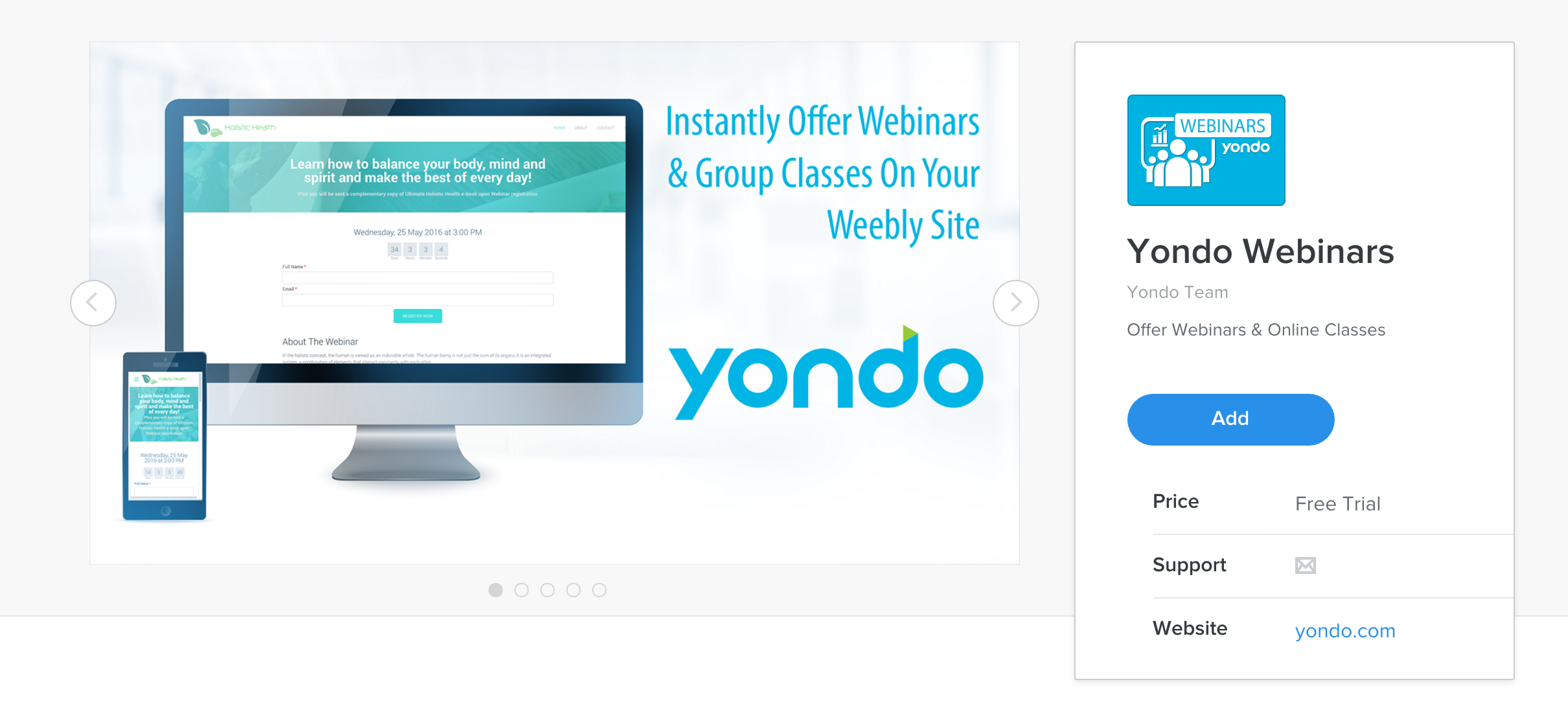 Yondo Webinar App in the Weebly app center