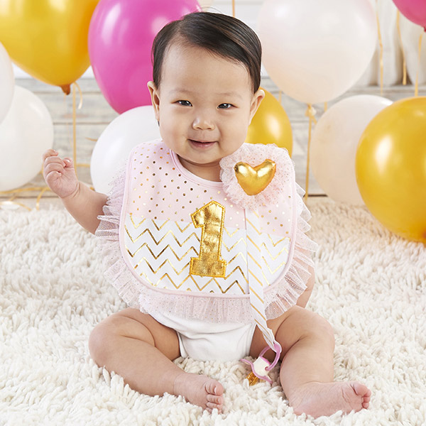 My First Birthday Pink and Gold Pacifier Clip and Bib Set