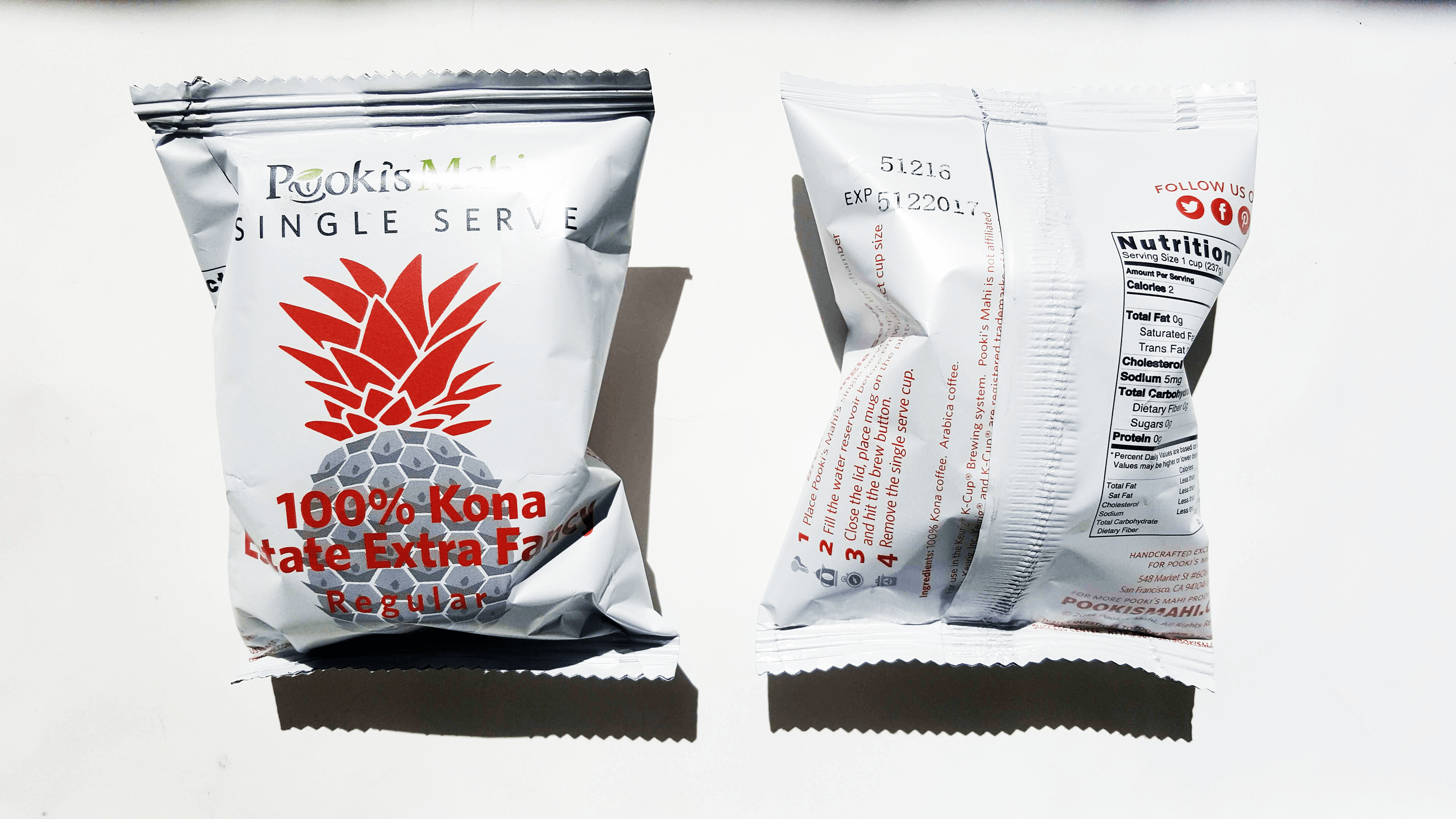 Pooki’s Mahi 100% Kona coffee pods are individually wrapped with the nutrition label on the back.