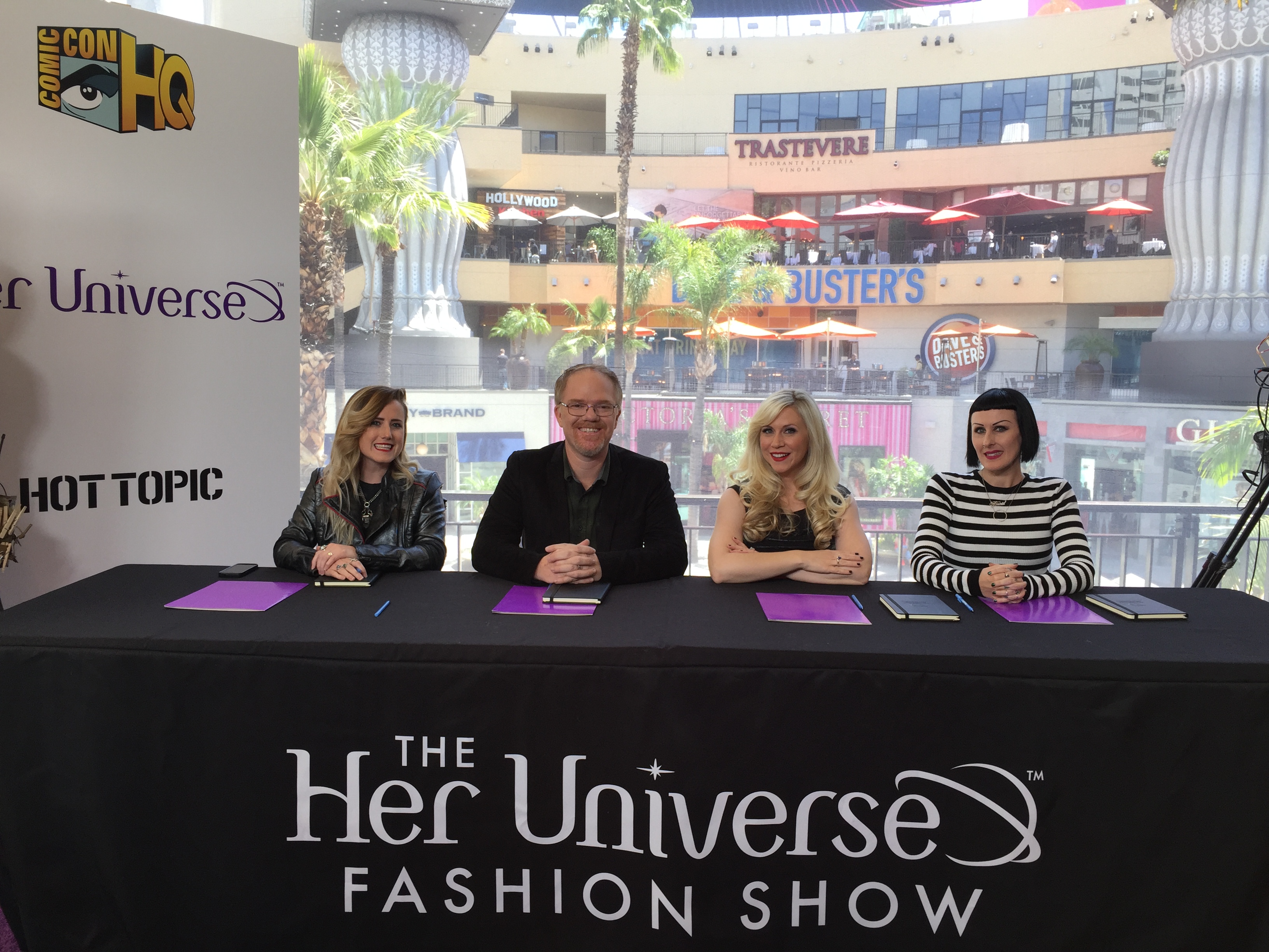 Ashley Eckstein (center) and guest judges (left to right) Mandy Weaver Senior Designer Hot Topic,  Ed Labay VP of Merchandise Hot Topic and Cat Carson SVP Her Universe.