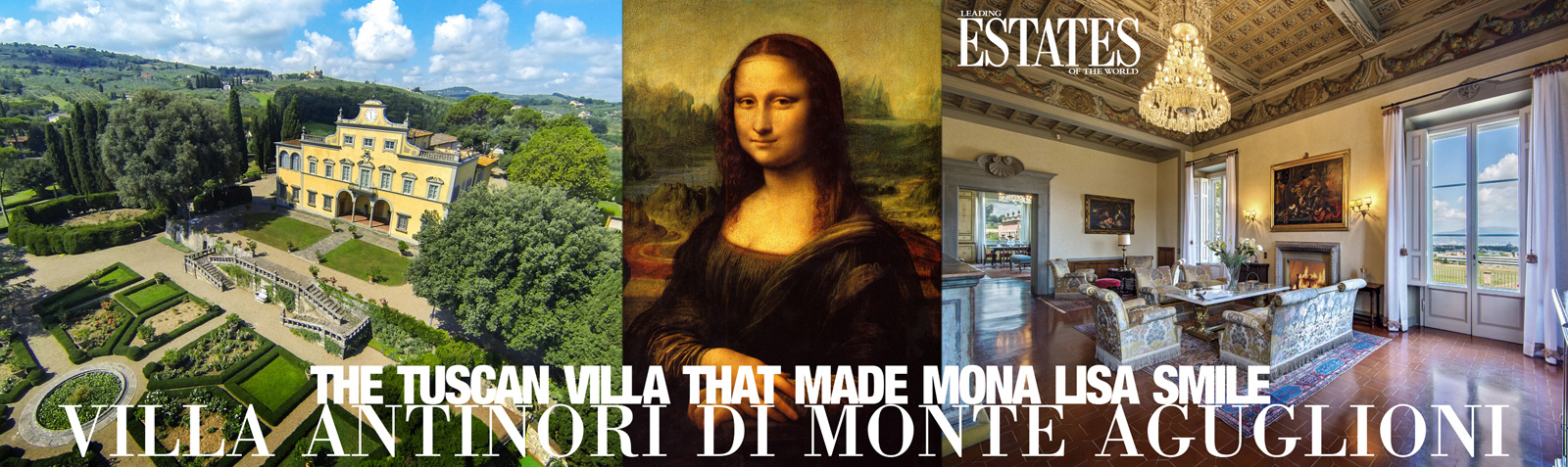 The Mona Lisa, flanked by images of the villa Antinori di Monte Aguglioni