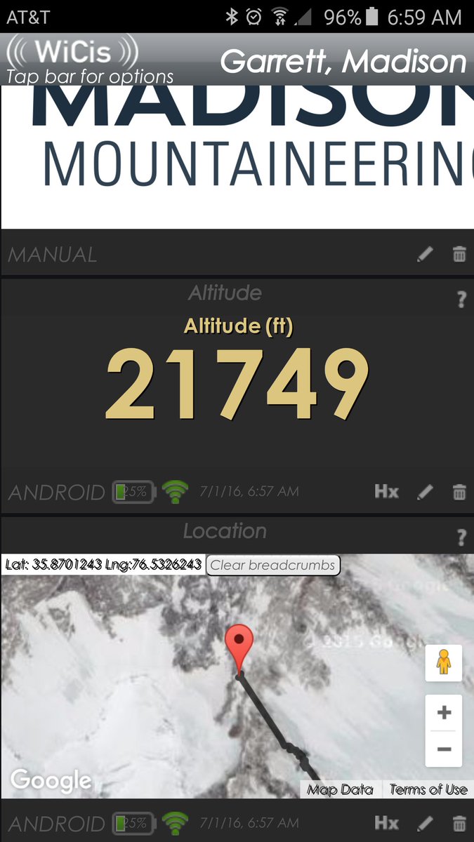 Breadcrumbs and altitude from the live stream, displayed on a smartphone in Lake Tahoe, USA