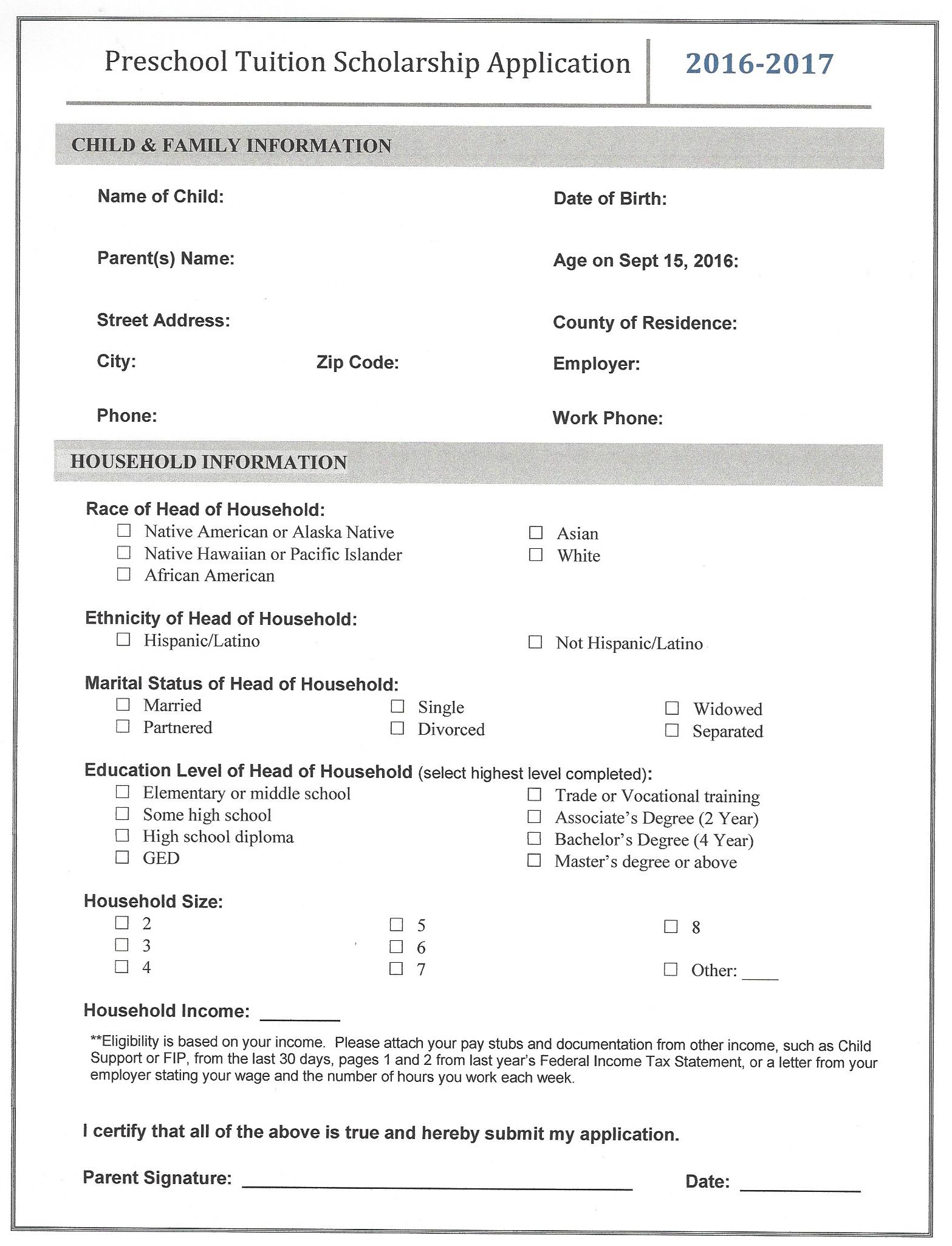 Preschool Tuition Scholarship Application Front Page
