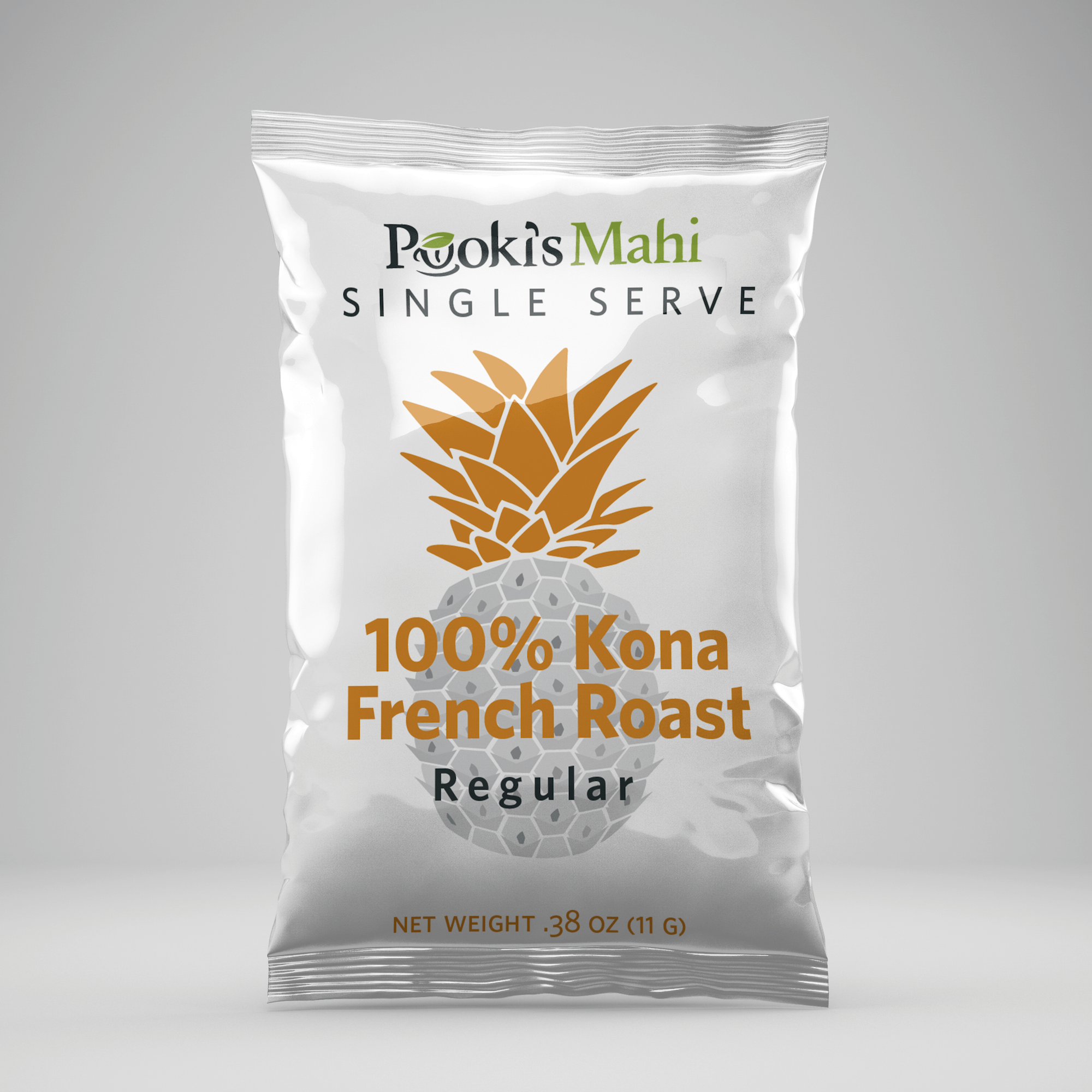Pookis Mahi 100 Percent Kona coffee French Roast pods compatible with single serve coffee brewers.