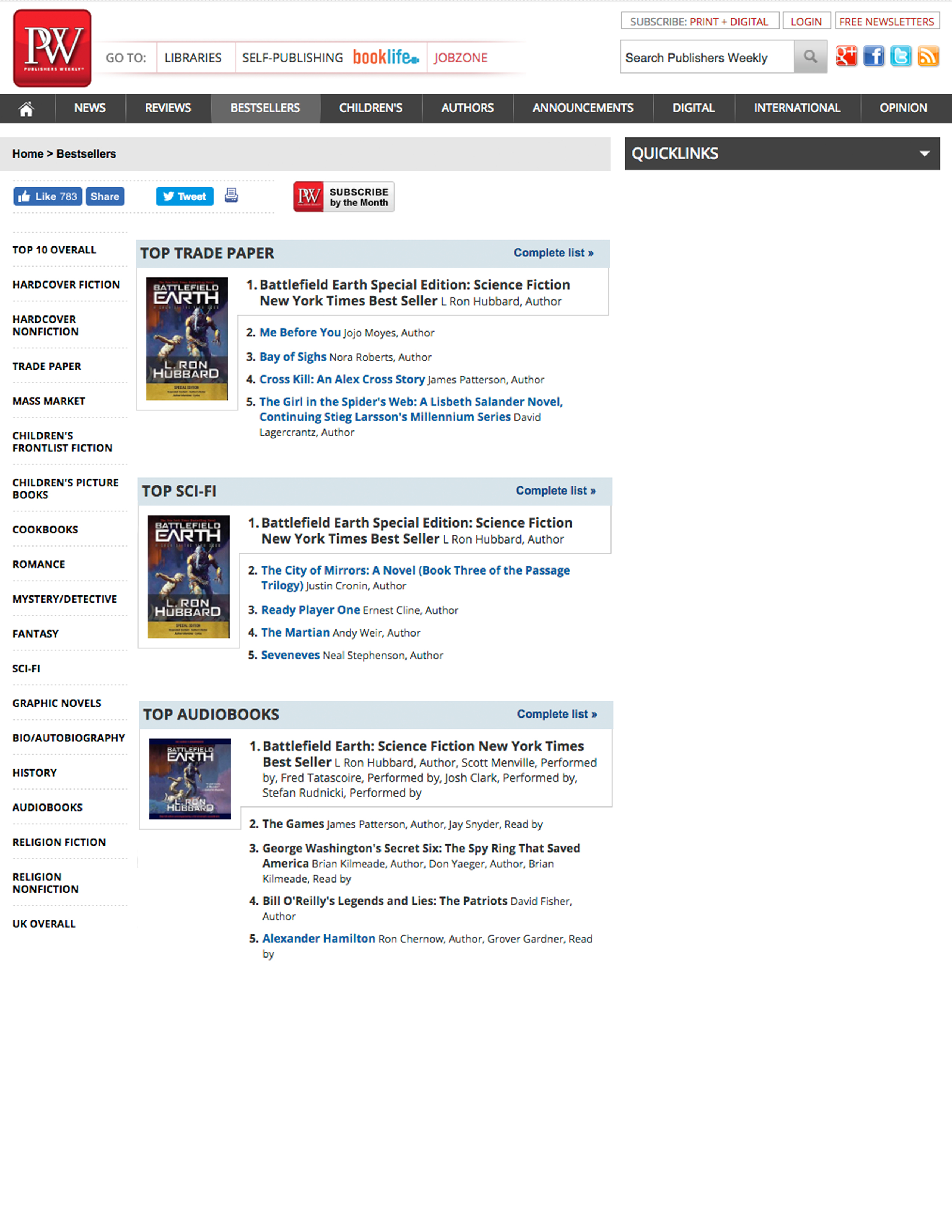 Battlefield Earth: #1 Paperback, #1 Audiobook, #1 Science Fiction, as reported by Publishers Weekly