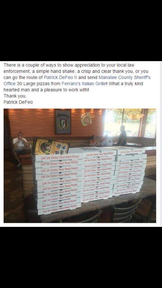Patrick DeFeo sends Pizza To Local Sherrif's Office