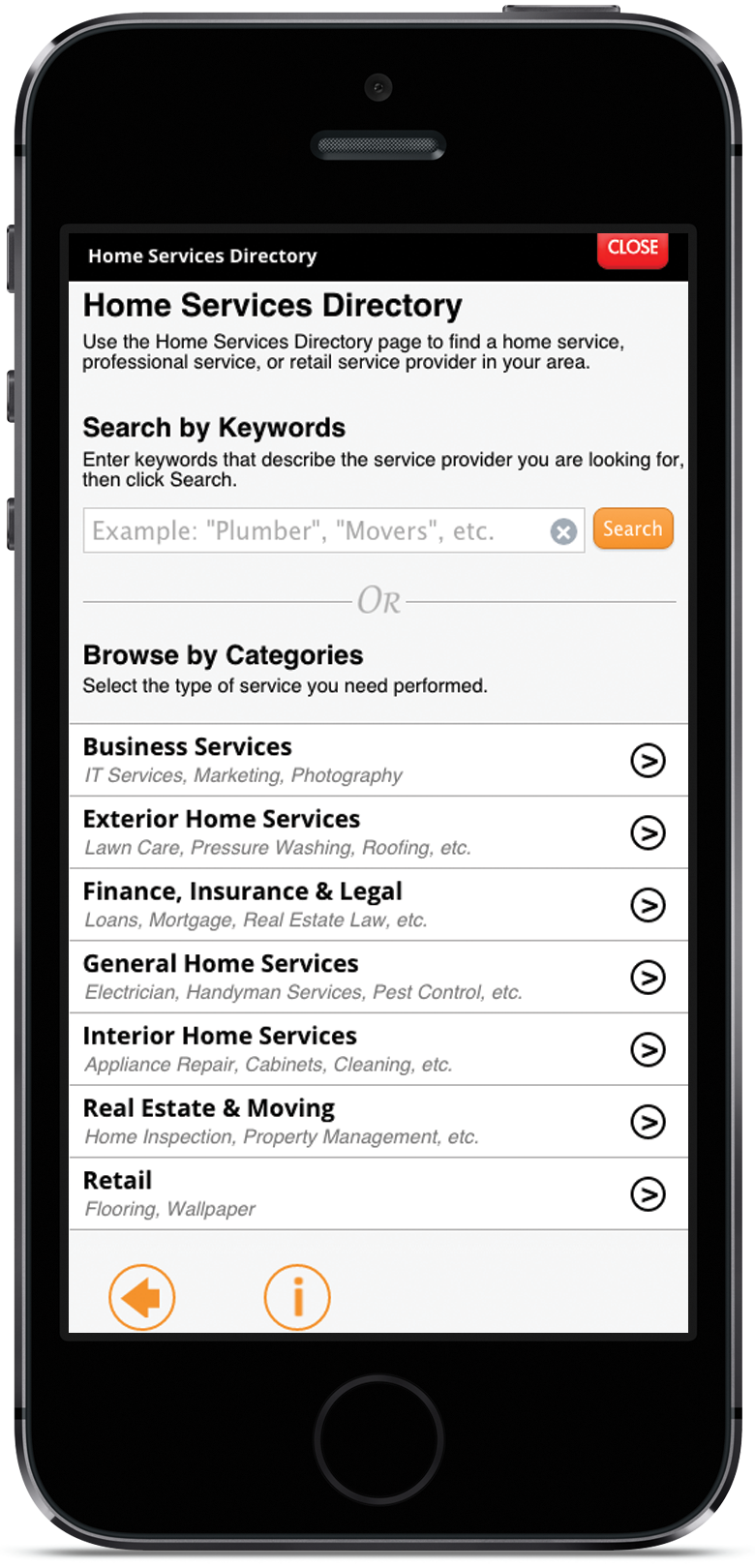 Users can use keywords or categories to search for providers they need. Every provider gets their own Electronic Business Card, so customers can contact them from the search results with a single tap.