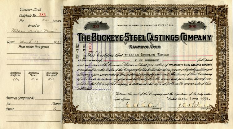 Buckeye Steel Castings Stock Certificate Signed by George Bush's Great Grand Father