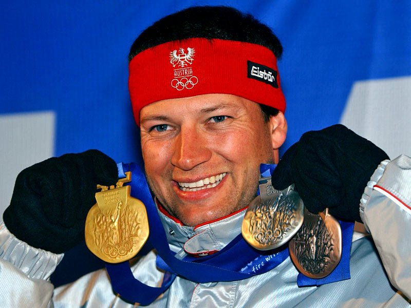 Eberharter with his three medals from Salt Lake City Olympics, 2002