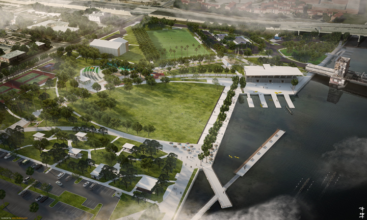 A birdseye view of the West Tampa Riverfront Park design shows the dynamic combination of playing fields and River Center with pedestrian/bike access to trails and bridges (courtesy of Civitas Inc.).