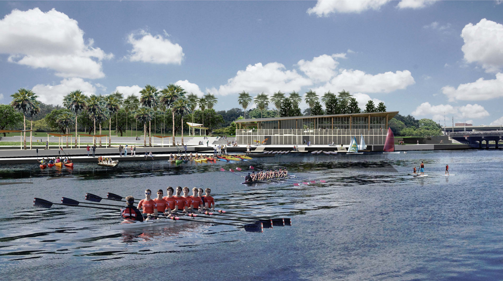 The Riverfront Park boathouse, Tampa’s first, will provide storage and access for crew teams plus public boat rentals and storage for a variety of paddle-powered craft (courtesy of W Architecture).