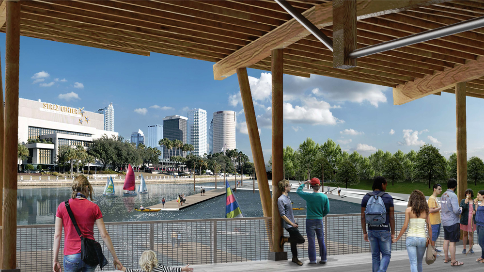 The Civitas/W design for Tampa’s Riverfront Park includes a calm-water cove for beginning boaters, shown here from the boathouse’s wraparound deck (courtesy of W Architecture).