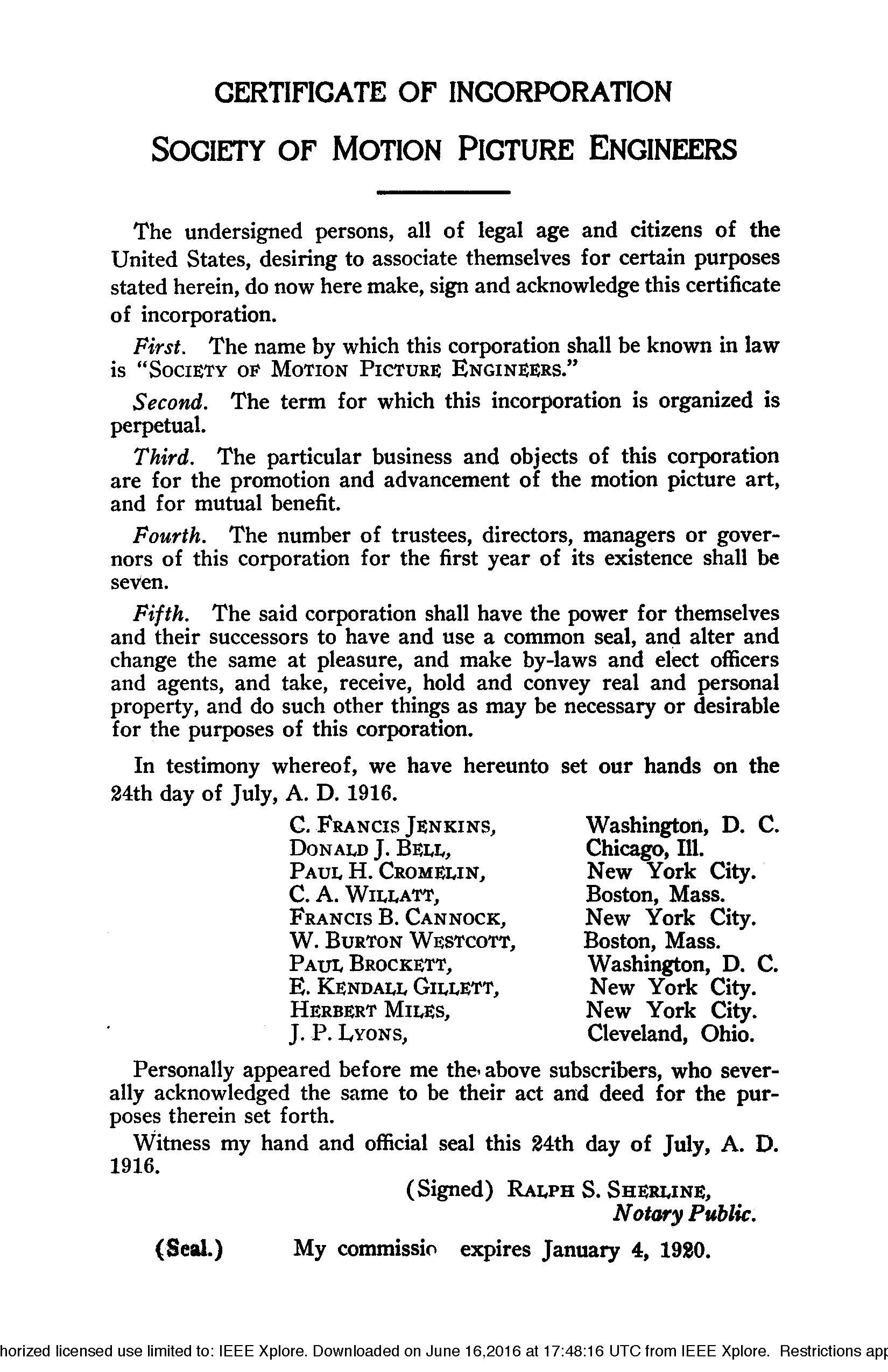 SMPTE Original Certificate of Incorporation