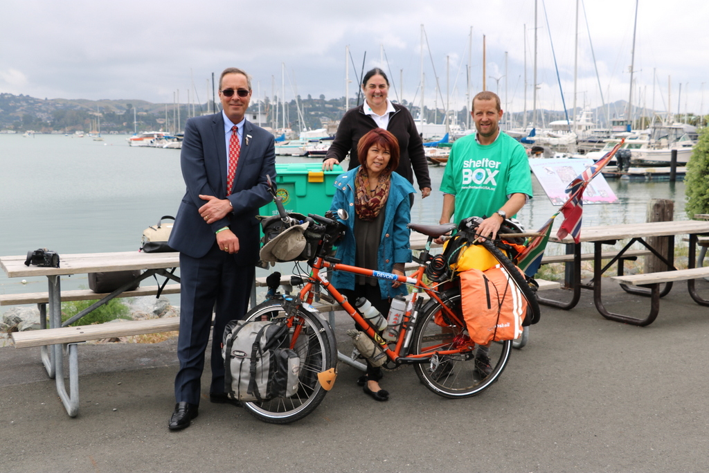 ShelterBox USA board member Jim Carriere, Jeri Fujimoto (incoming Rotary District Governor 5150), Chris Gallagher (Immediate past Rotary District Governor) and Tim Bridgman in Sausalito, CA 2016