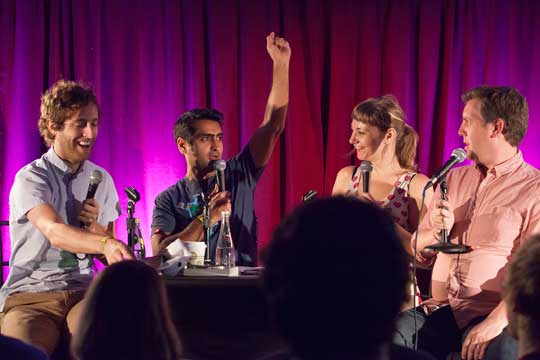 The Indoor Kids live at LA Podfest 2015. L-to-R: Guest Thomas Middleditch, Hosts Kumail Nanjiani & Emily V. Gordon, and guest Jared Logan. Photo credit: Liezl Estipona.