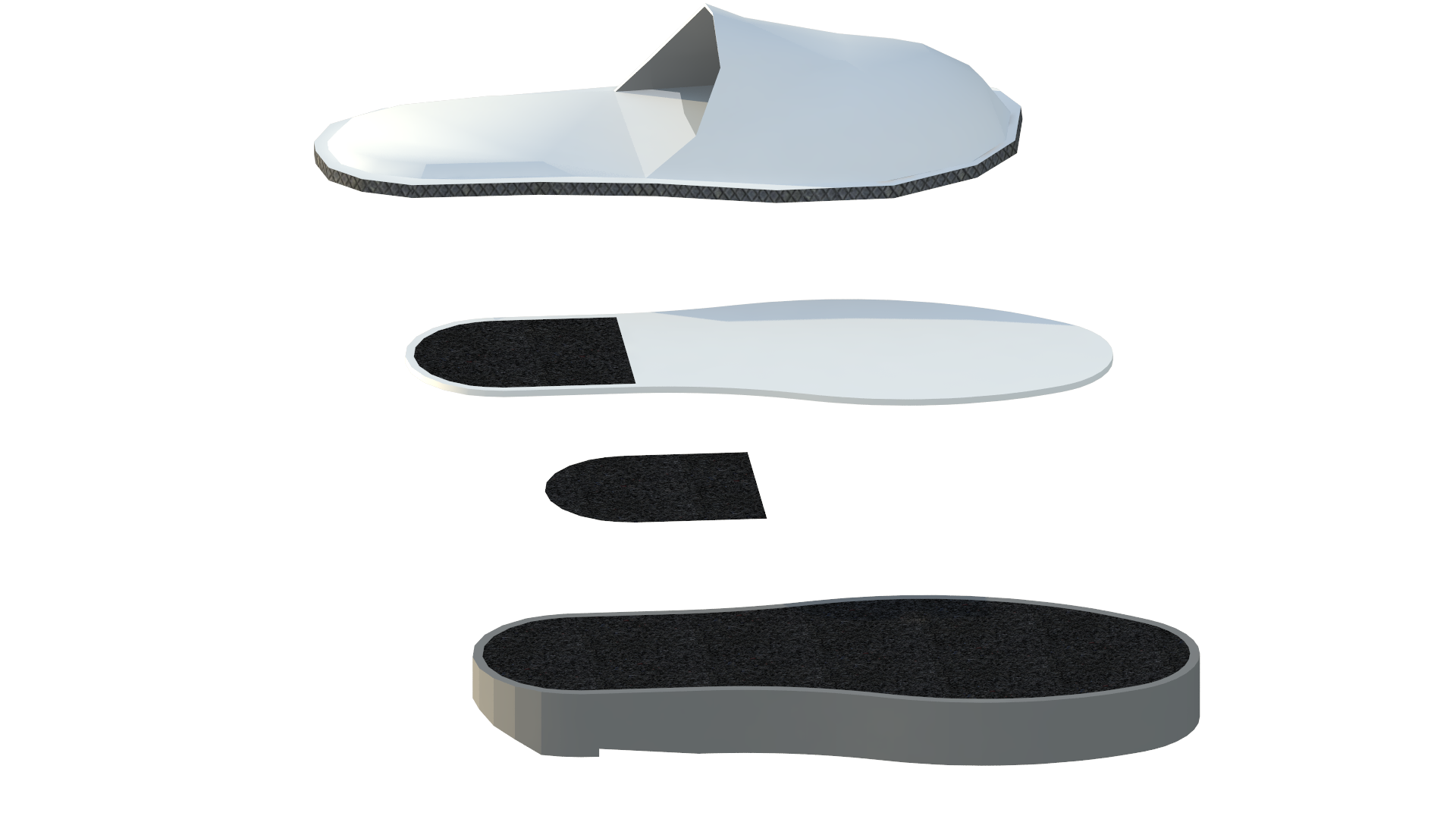 This shoe has a velcro patch on it that allows the user to replace the sole of the shoe with several different styles, including a flat bottom, a wedge bottom, and a heel.