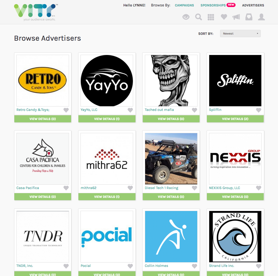 VITY Advertisers Campaigns Screen