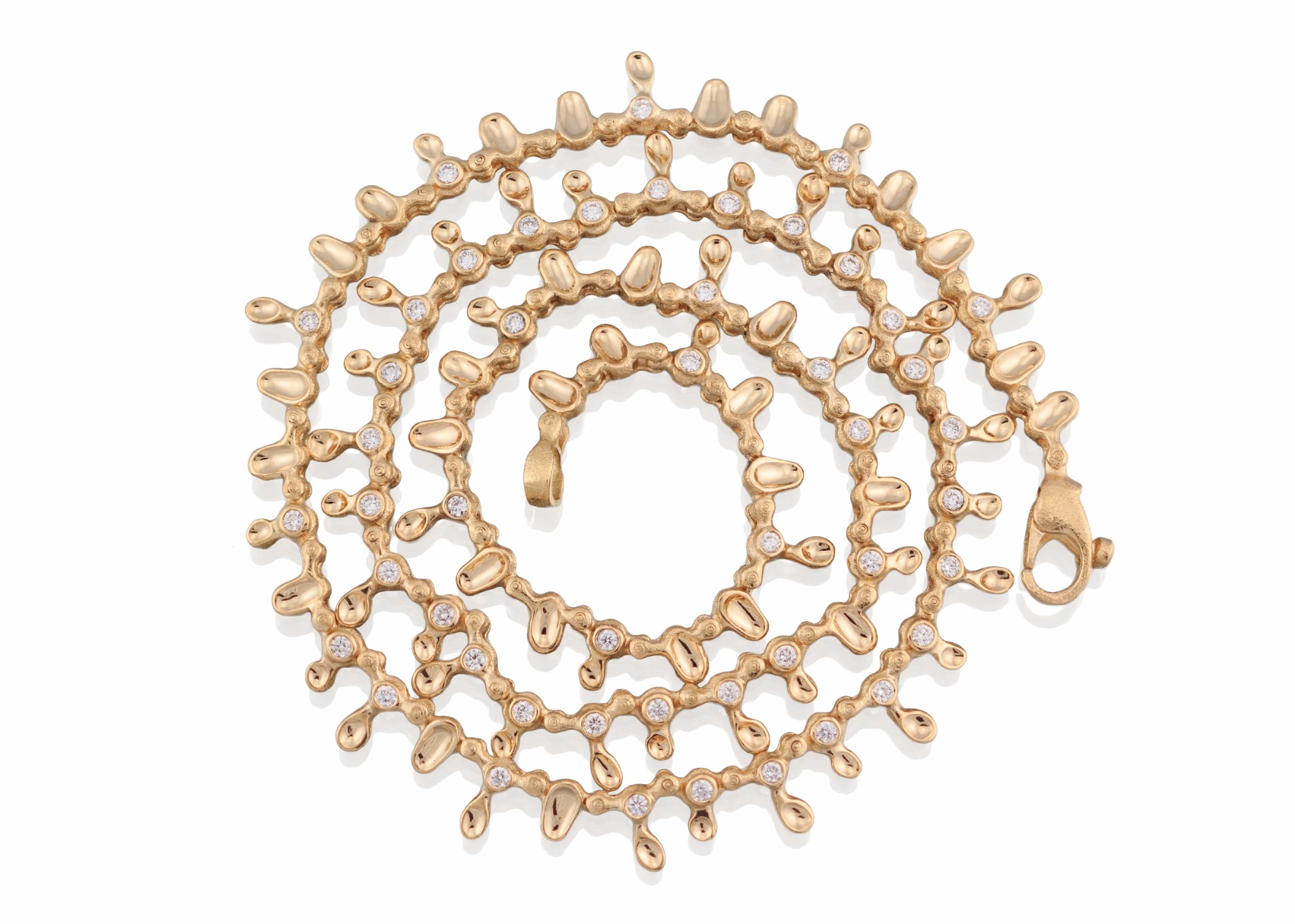 Dew Drops. 18K yellow gold and white diamond necklace, 19in. length by Audrius Krulis
