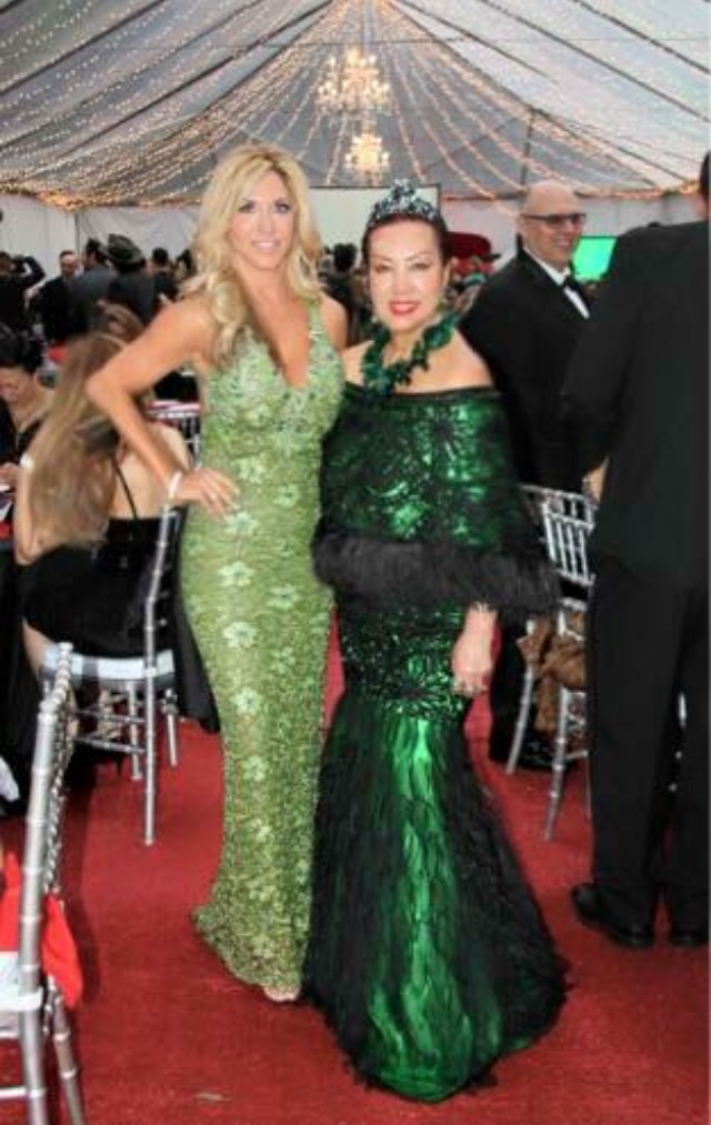 Ms. North America Universe, Carla Gonzalez and fashion designer Sue Wong at a private Oscar party in Beverly Hills, supporting Children Uniting Nations Foundation