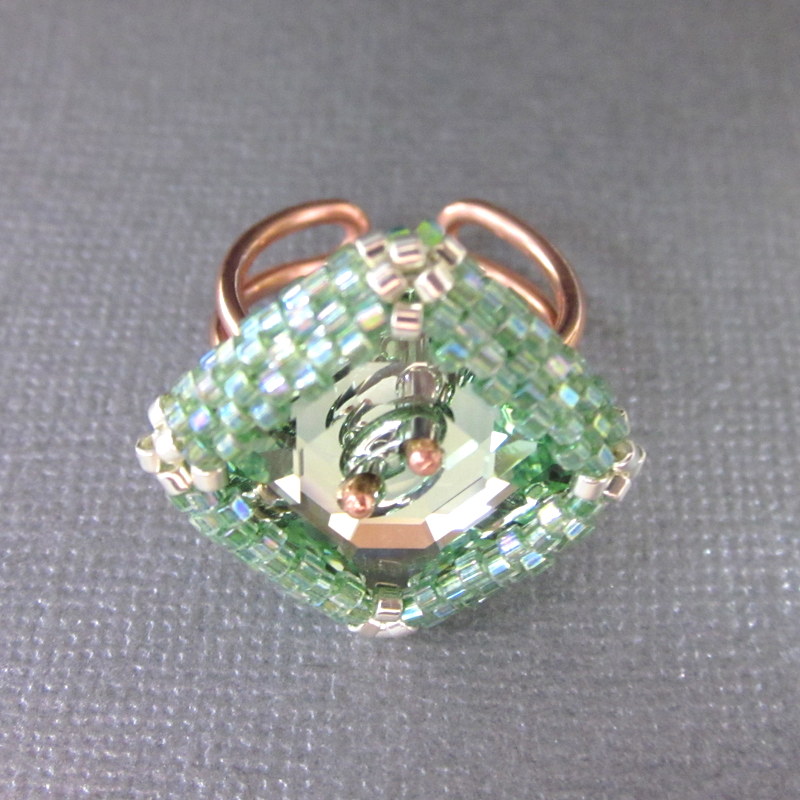 Adjustable Copper Beaded Bezel Swarovski Crystal Ring, handcrafted by