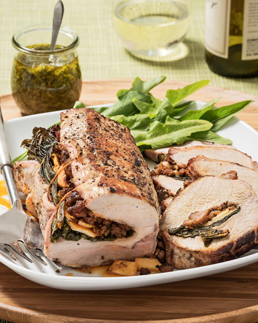 Dandelion Greens Stuffed Pork Roast with Apple and Dandelion “Pistou” Sauce