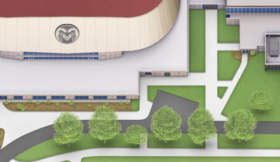 CampusBird provides incredible map detail. Here you can see the CSU Ram on Moby Arena, as well as up close detail of trees and surroundings.