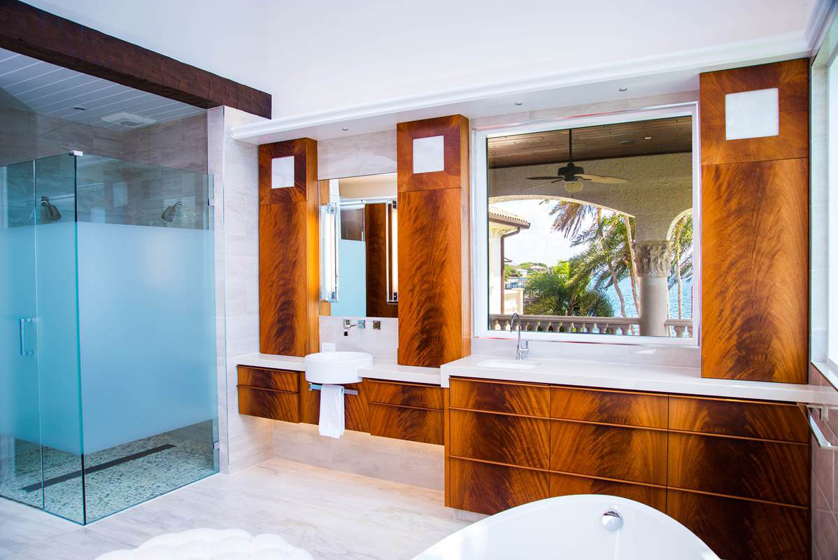 Bright Wood Works won first place in the Residential Other category in the 5th Annual PureBond® Quality Awards competition with their contemporary bath installation featuring Crotch African Mahogany.