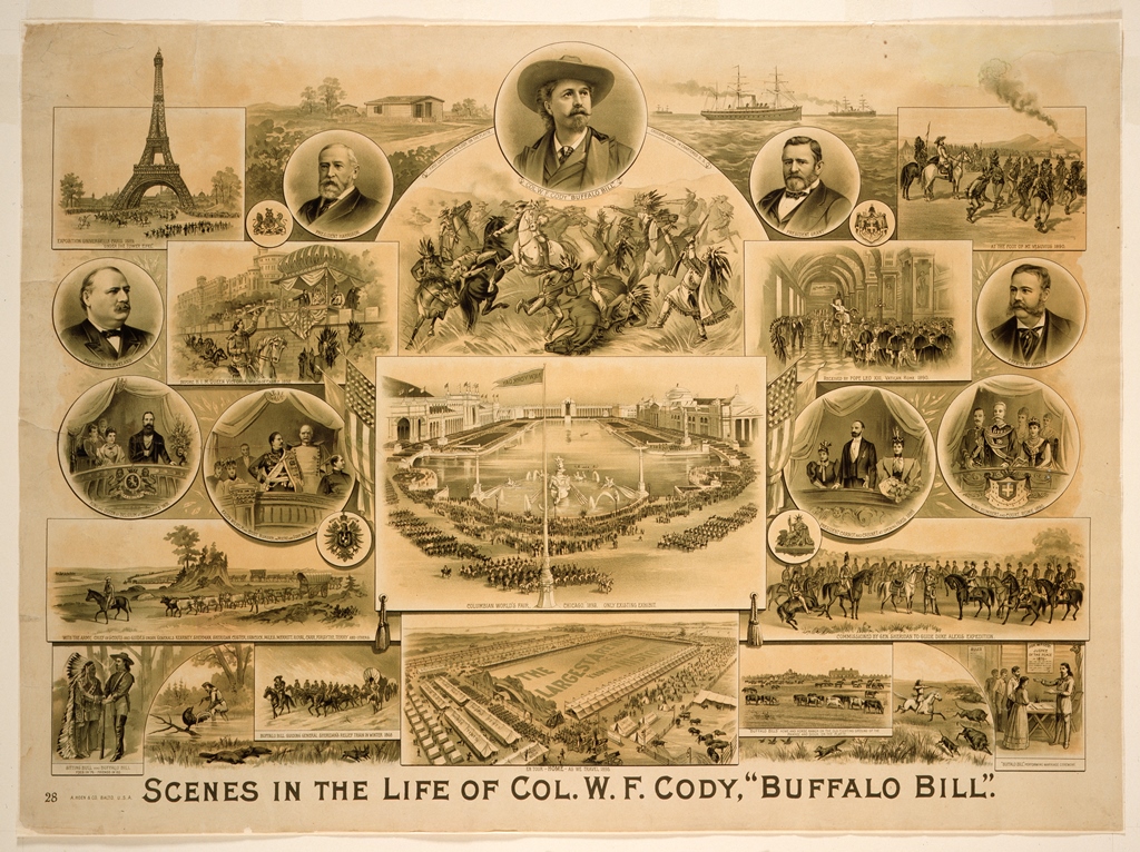 Buffalo Bill poster with scenes from his life--and famous friends, 1895. Buffalo Bill Center of the West, Cody, WY, USA. Gift of the Coe Foundation. 1.69.169