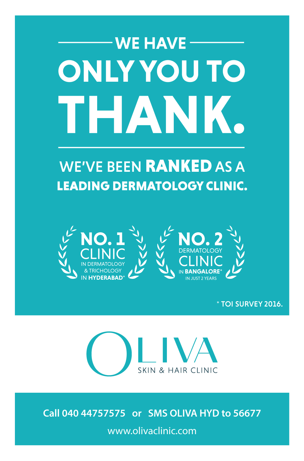 Oliva Skin & Hair Clinic Amongst Leading Trichology and Dermatology Centres  according to Times of India Survey 2016