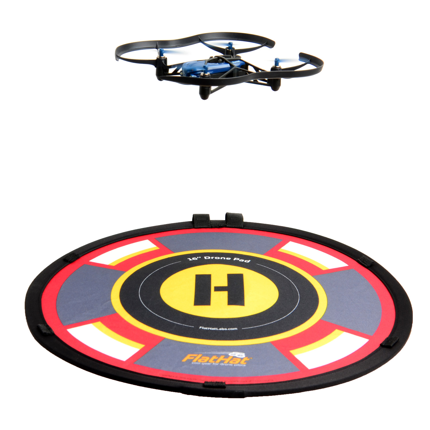 Drone hovering over 16" FlatHat Collapsible Drone Pad