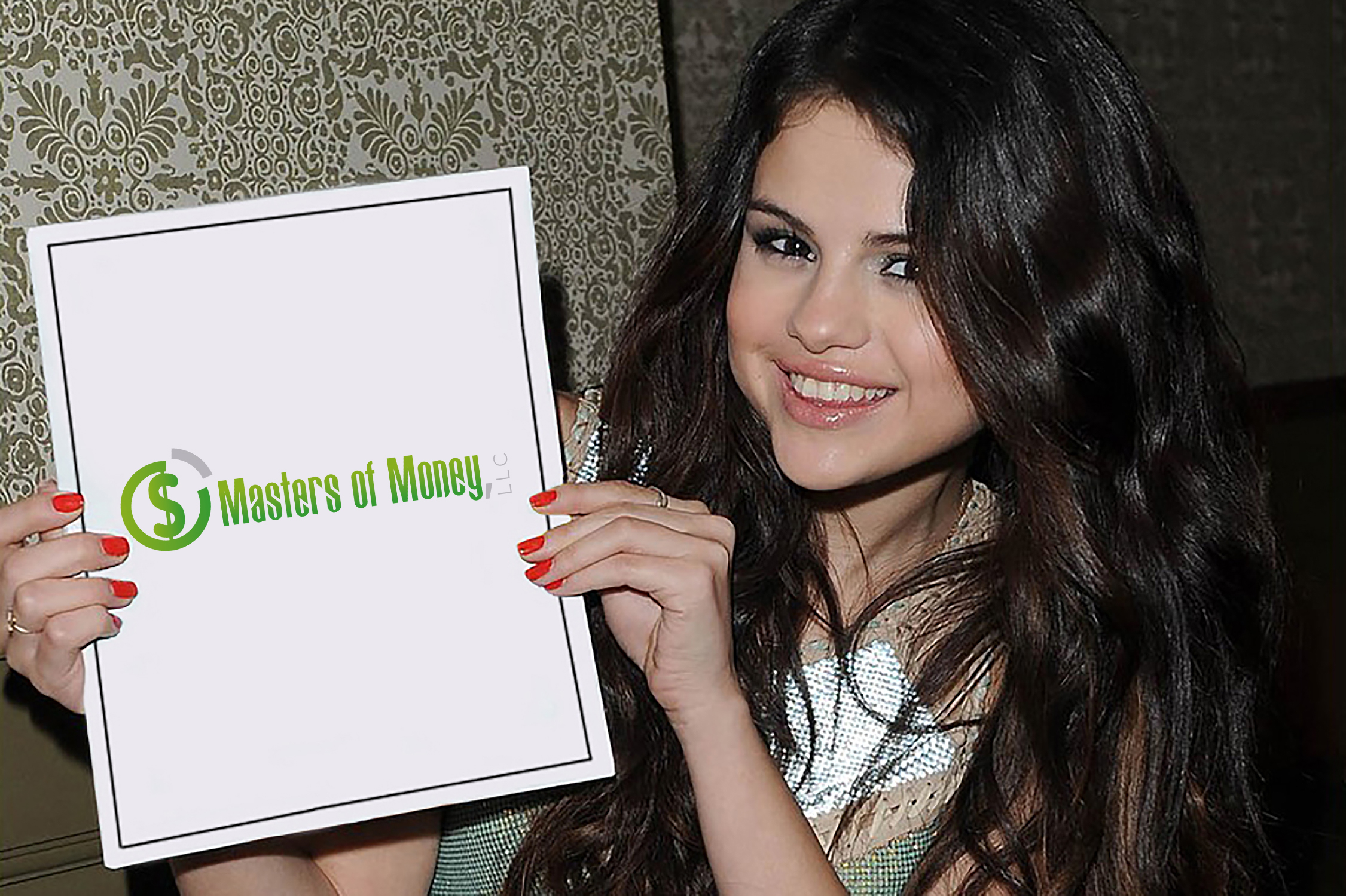 Selena Gomez holding a Masters of Money logo sign.