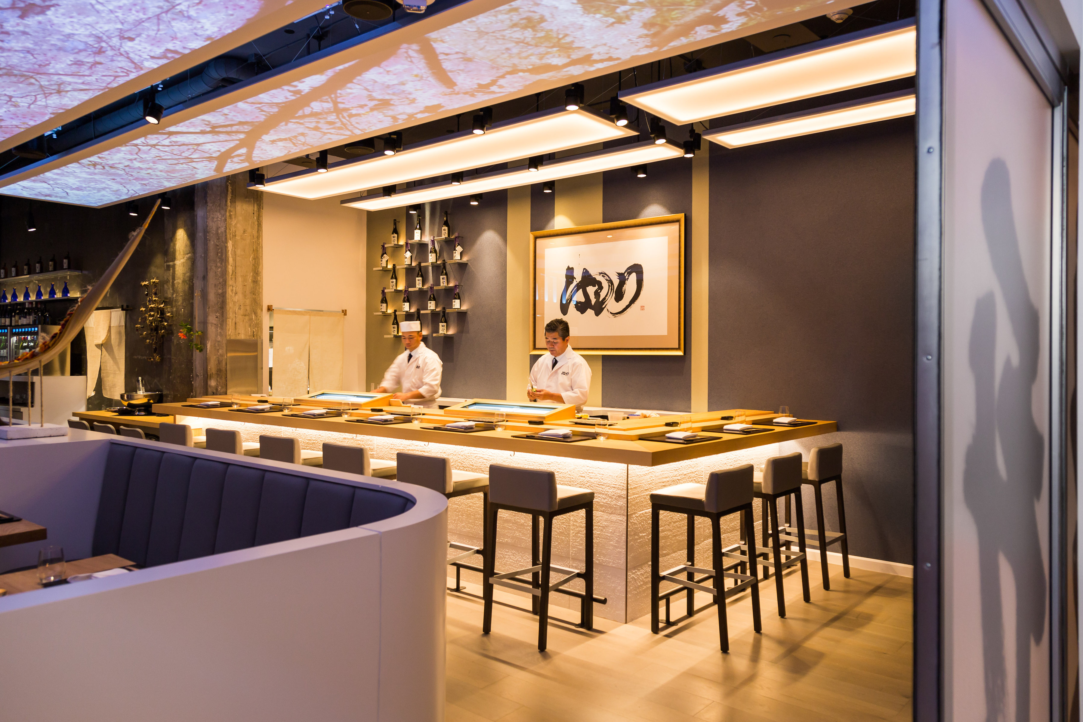 Our Sushi Bar; made out of beautiful imported Japanese Cypress. Chefs are ready and set for Dinner service.