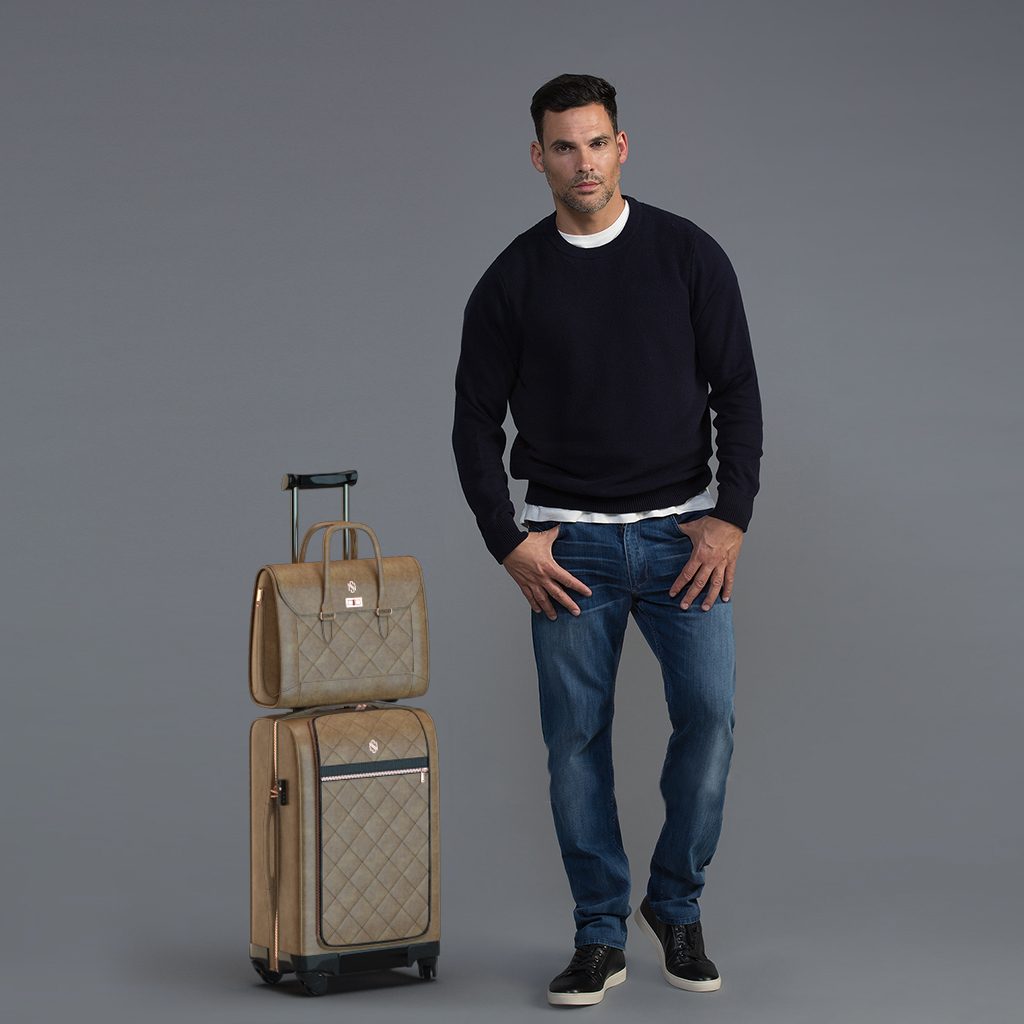 Soul of Nomad Brentwood Slim Fit Jeans in Echelon Blue and Soul of Nomad Dune Luggage Collection in Mojave Brown