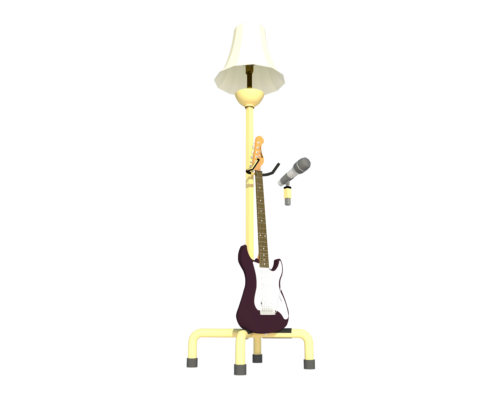 This household invention is a metal stand used to hold up an instrument, such as a guitar.
