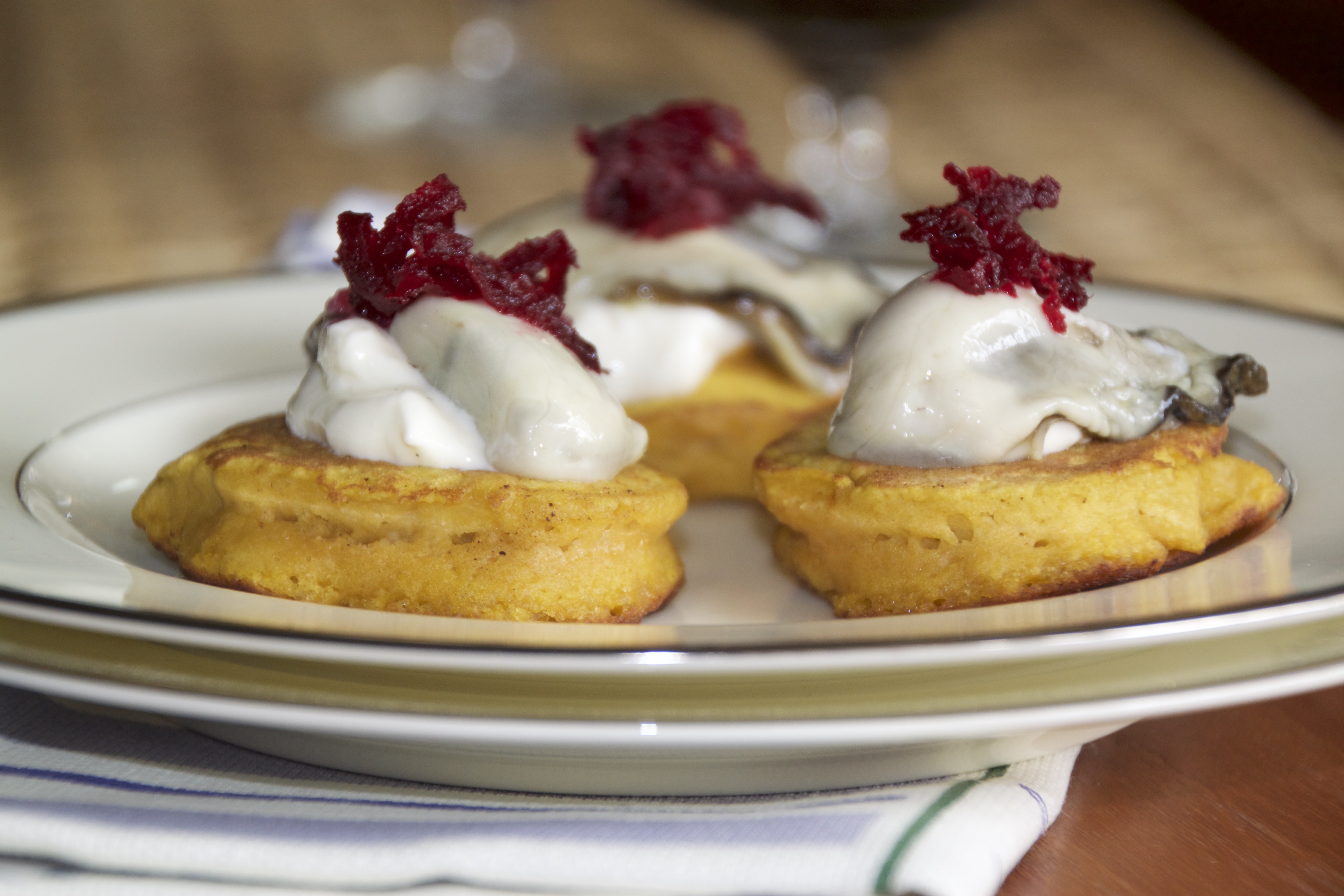 PUMPKIN AND ALE BLINI WITH OYSTERS AND BEET RELISH
