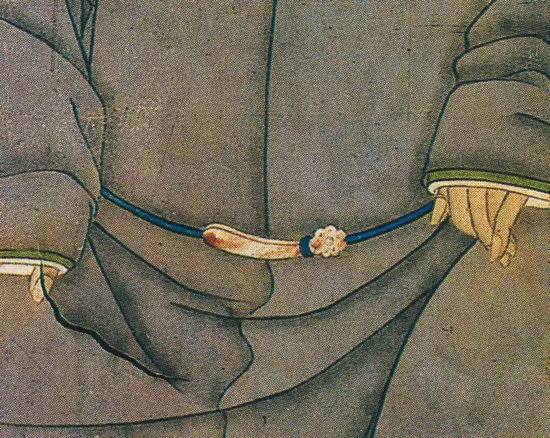 Illustration of how Chinese nobles wore the diagous (belt buckles).