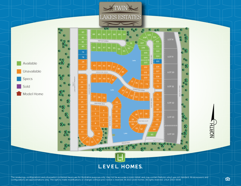 The site plan for the Twin Lakes Estates new home community from Level Homes in Central, La.