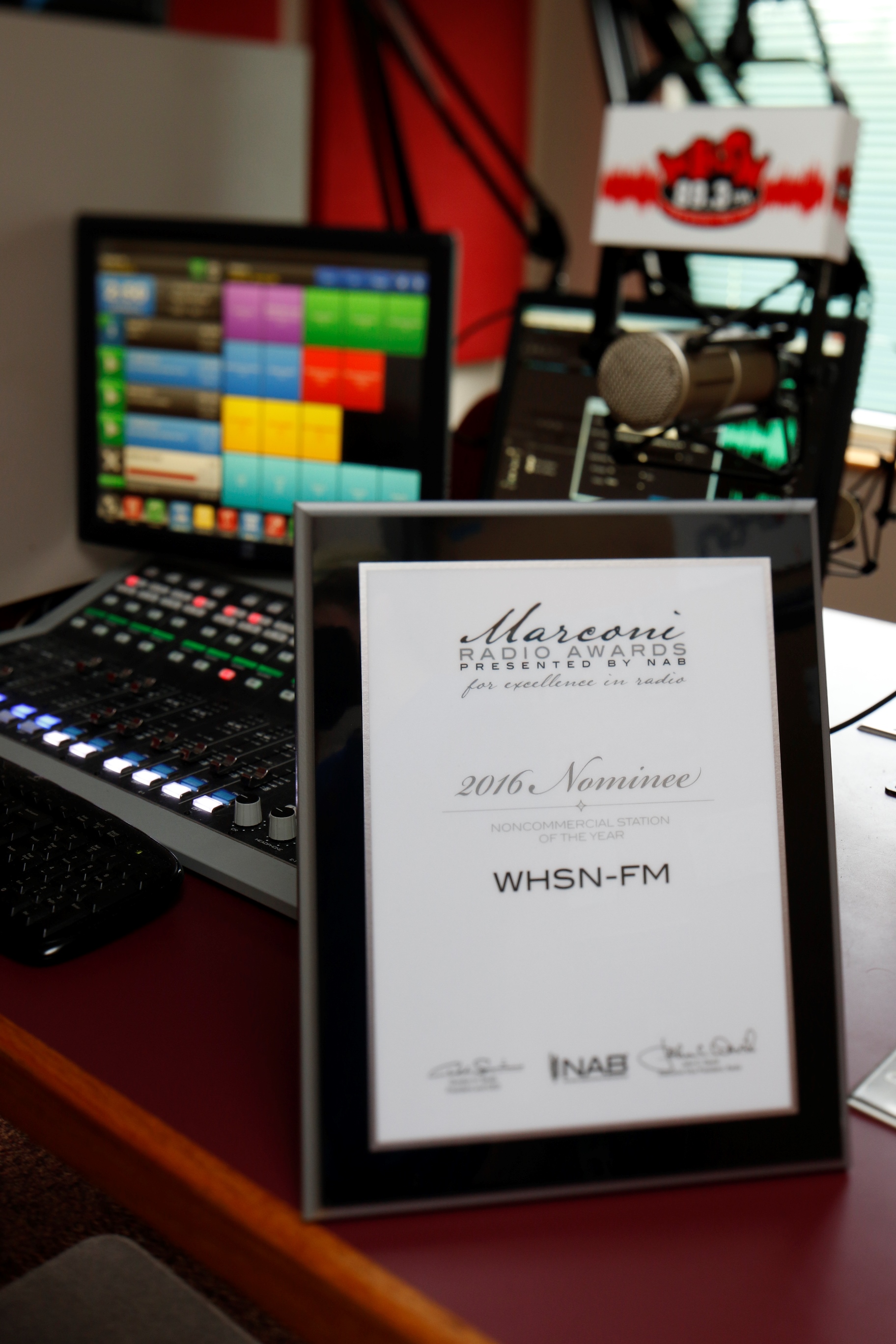 The National Association of Broadcasters (NAB) sent Husson University's New England School of Communications this plaque to honor WHSN's commitment to broadcast excellence.