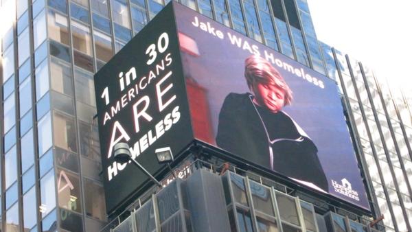 Homeless Solutions' electronic billboard in Times Square highlights the sobering statistic that one out of every 30 Americans is homeless.