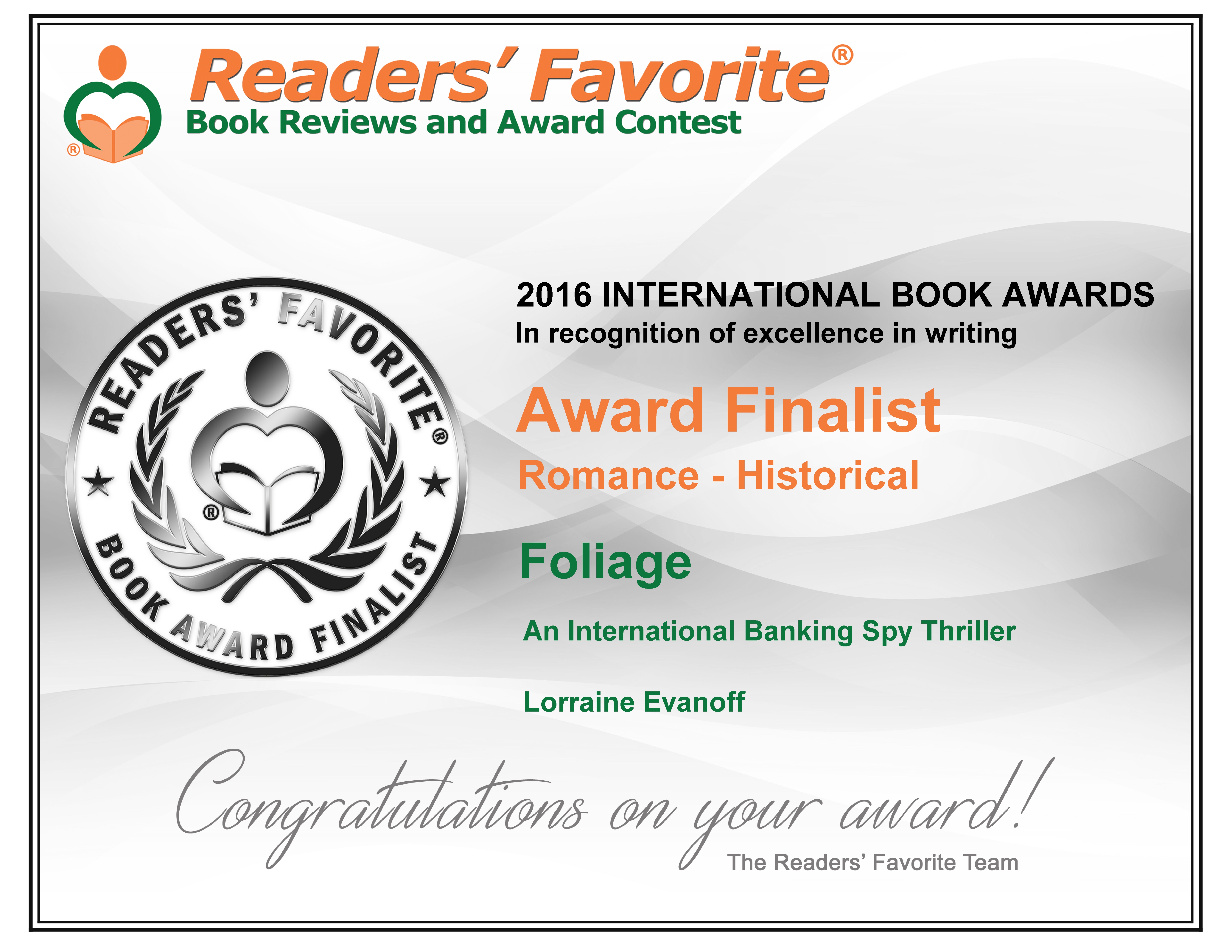 Reader's Favorite recognizes “Foliage” in its 2016 international book award contest.
