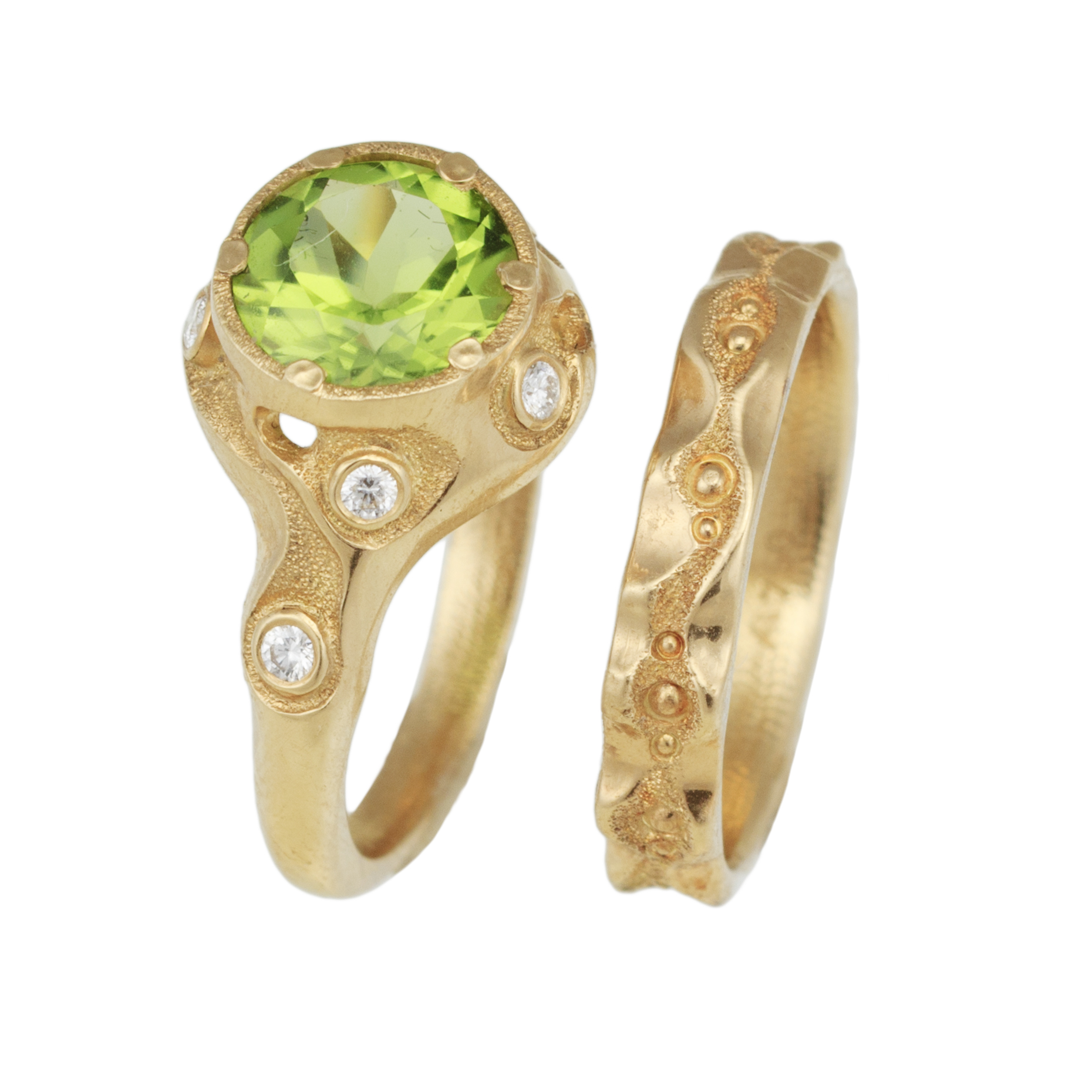 Swirling Brook Bridal Ring Set by Audrius Krulis. 18K Yellow Gold and Peridot