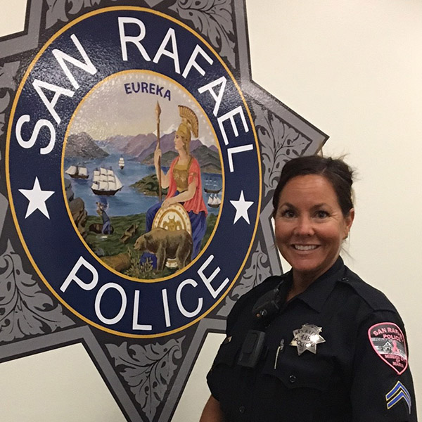 Corporal Ronda Reese of the San Rafael Police Department wearing the pink patch.
