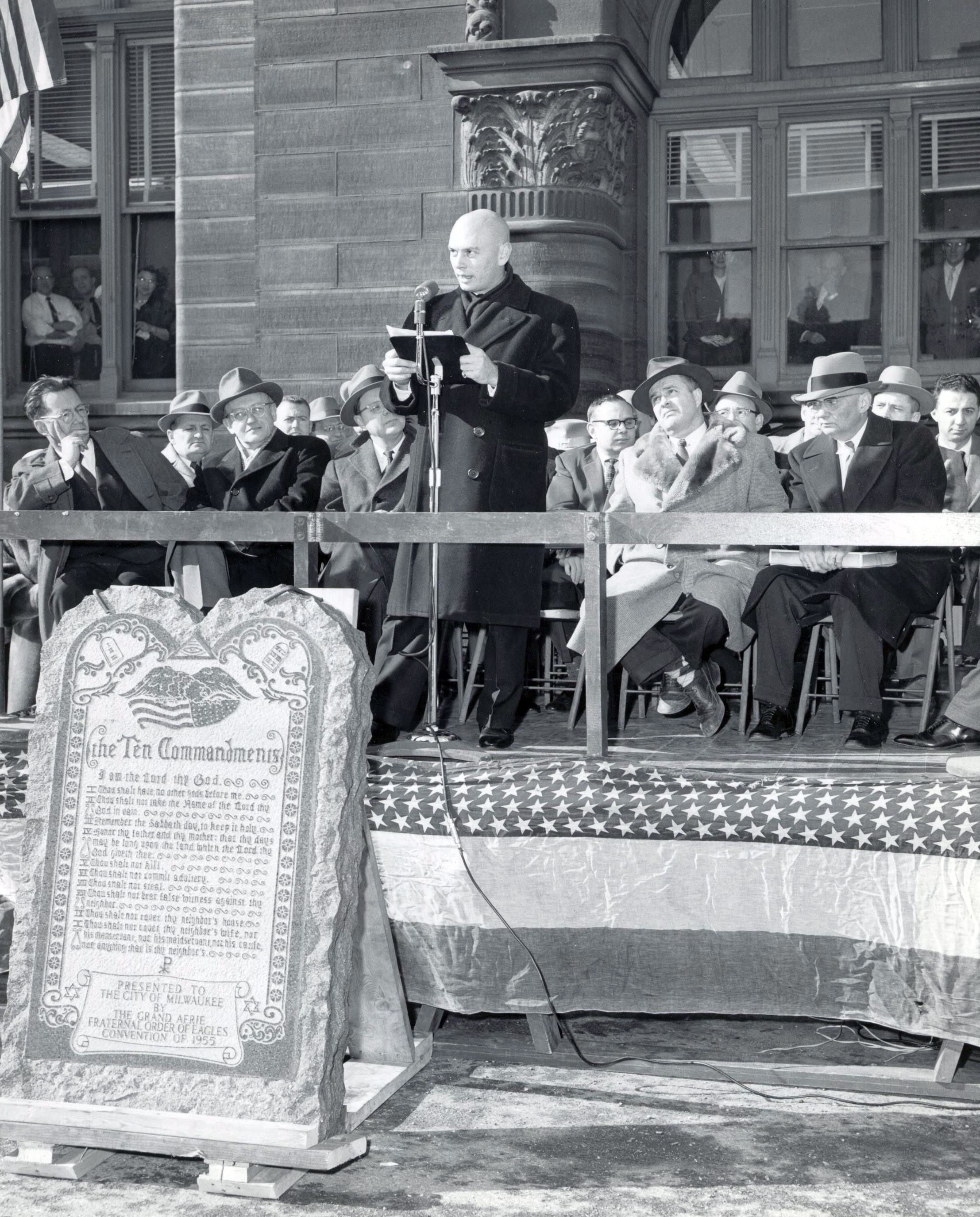 Actor Yul Brenner, co-star of The Ten Commandments film, at dedication of F.O.E. Ten Commandents monument in Milwaukee, WI, 1955.