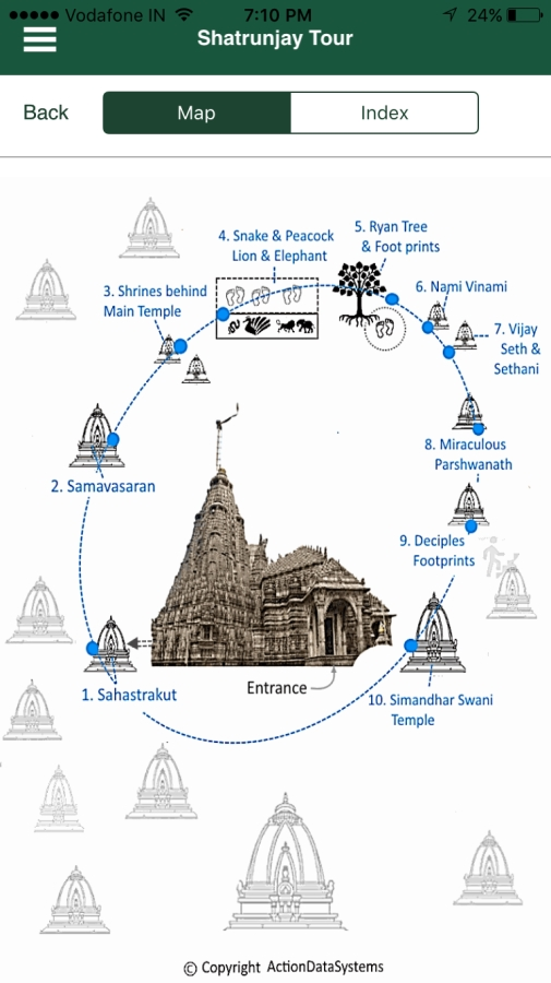 The first circle around Dadani Toonk from the app of Jain Temple of Shatrunjay in Palitana, India