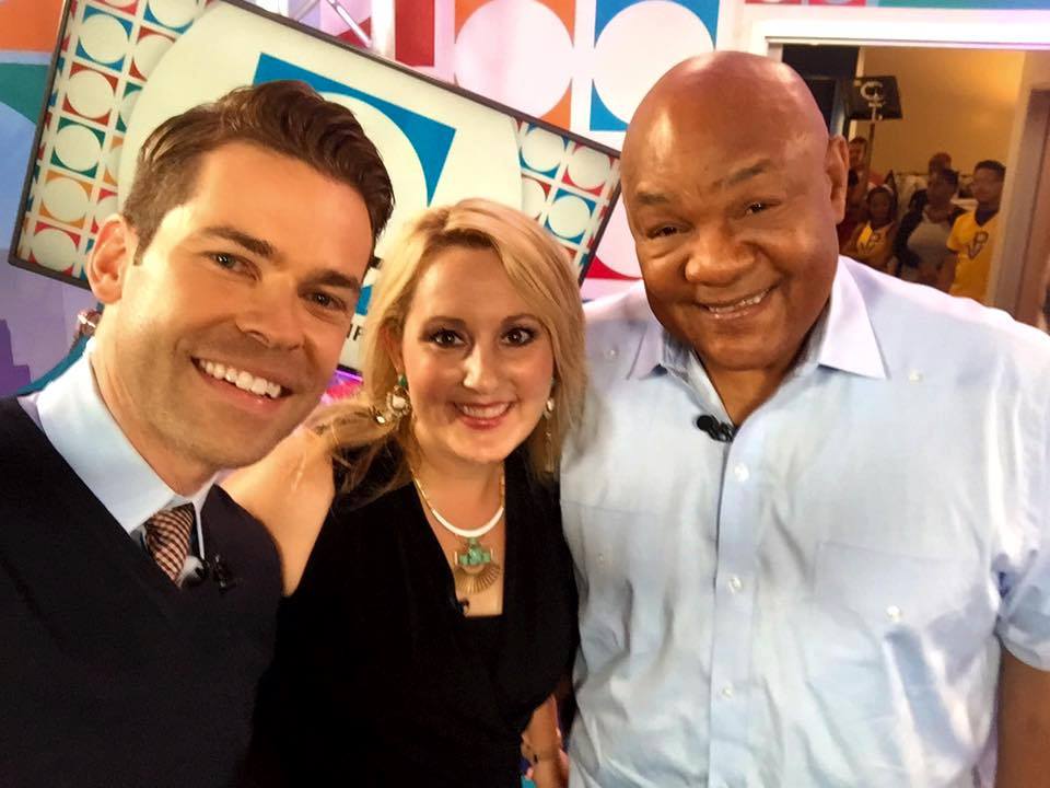 Co-hosts of new KPRC CHANNEL 2 Houston  daytime TV series Derrick Shore  and Jennifer Broome on the set with legendary boxer George Foreman