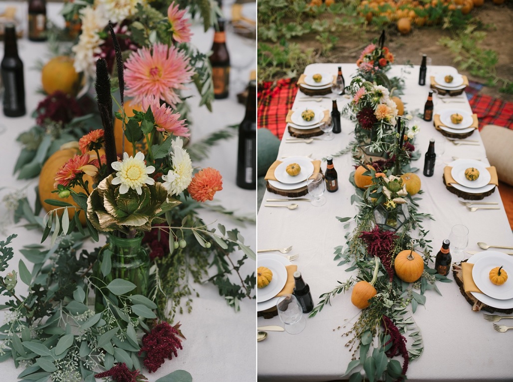 Use touches of gold to add sparkle and surprise. Laurie Garza of Fleurie Flower Studio in Reedley, CA, designed a warm, cozy fall table with dahlias, zinnias, hops, sorghum and bunny tail grasses.