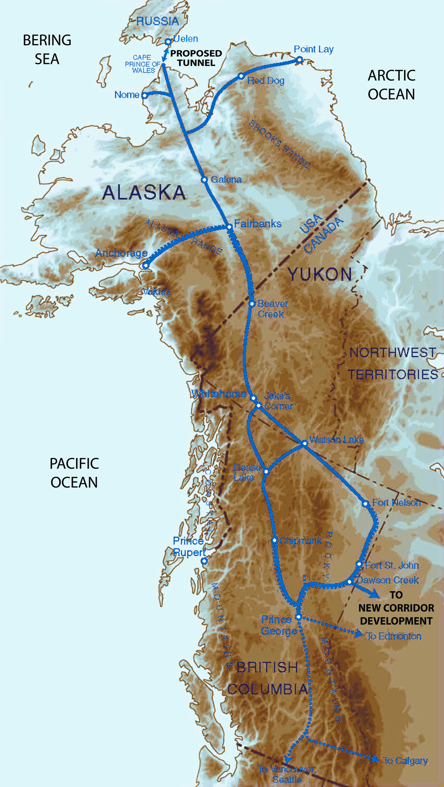 Proposed railroad lines in Canada and Alaska toward Bering Strait tunnel.