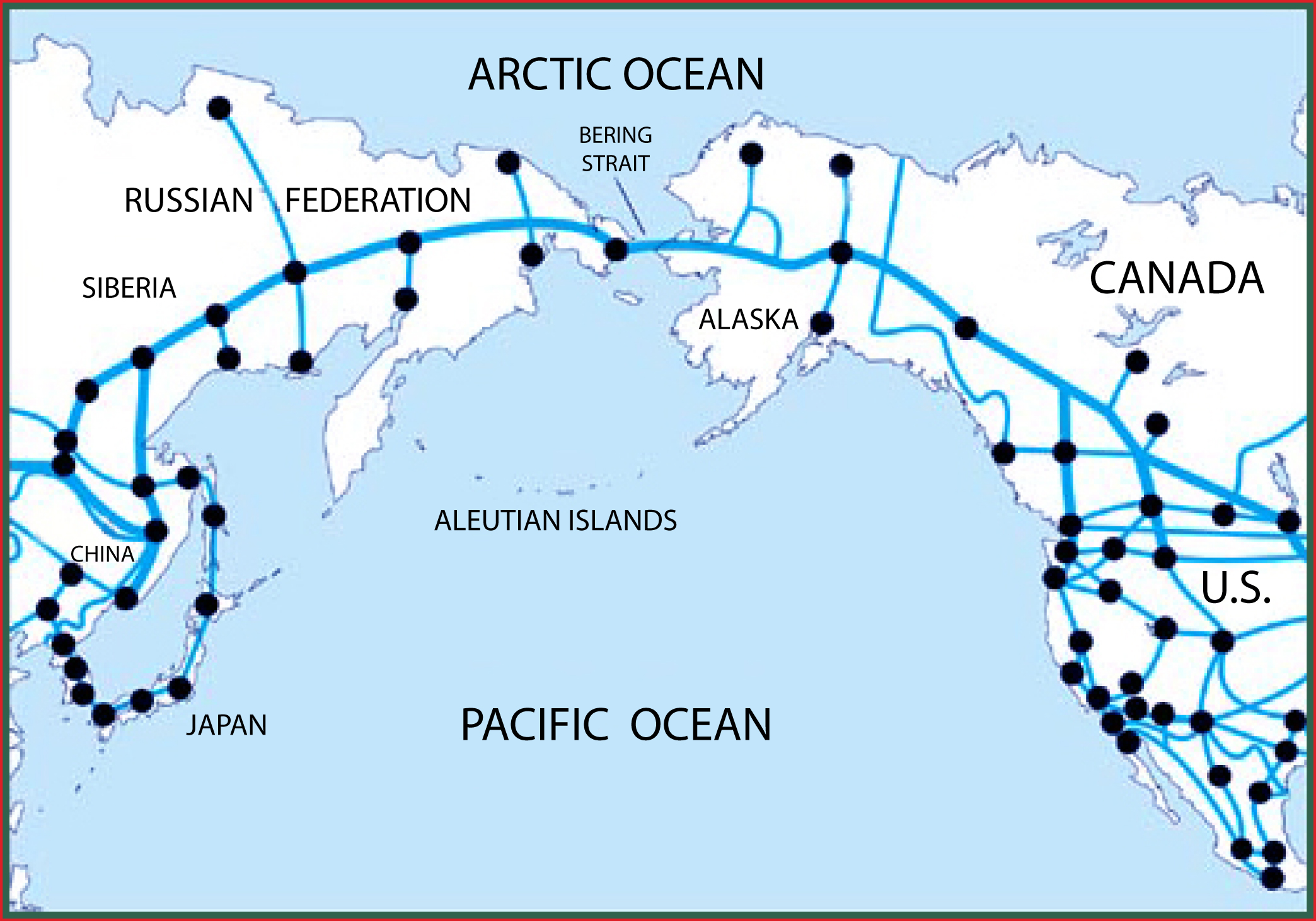 Map of Bering Strait and proposed network of conventional and high speed railroads in USA, Canada and Russia.